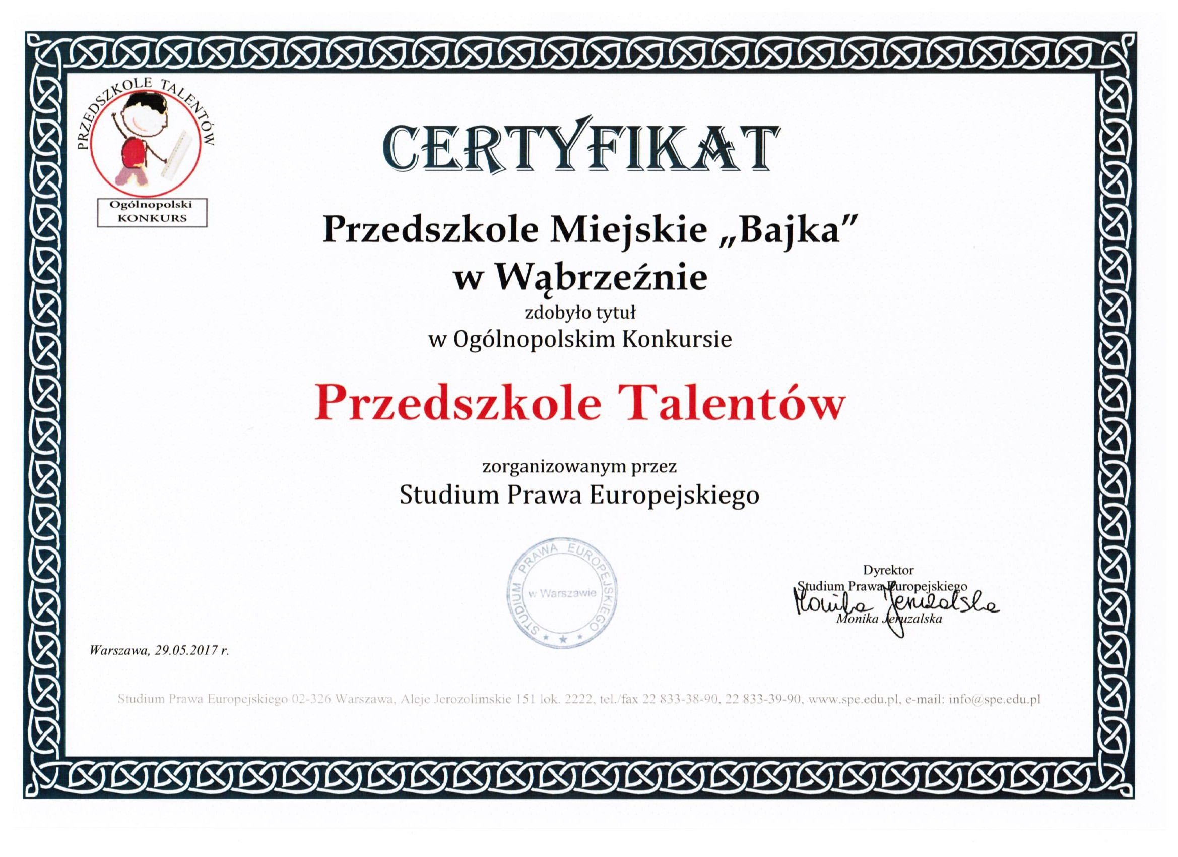 Certyfikat Przedszkole talentów